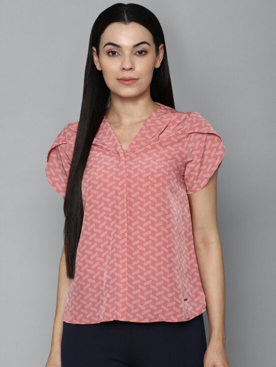 Allen Solly Tops - Allen Solly Pink Geometric Print Split Neck Blouse Short Sleeve Top Size L